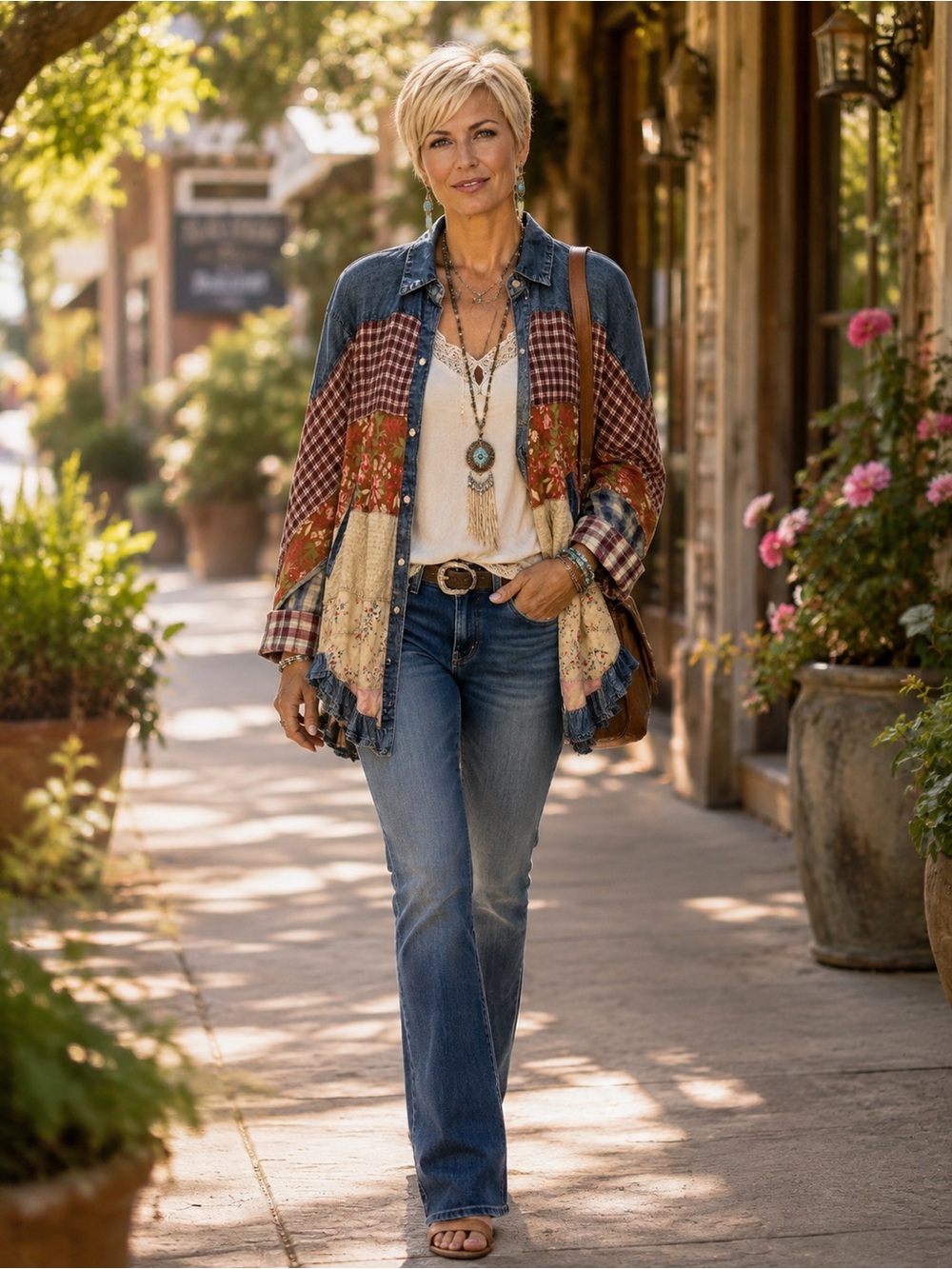 H253 NWT Young Threads S ptp29 Ivory & Denim Patchwork Shacket